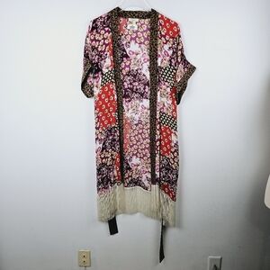 Oddy Mixed Media Patchwork Floral Leopard Print Fringe Kimono, size S/M